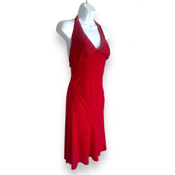 Ruby Rox Red Halter Neck Rhinestone Embellished Dress, Size L, Evening Partywear - Picture 3 of 11